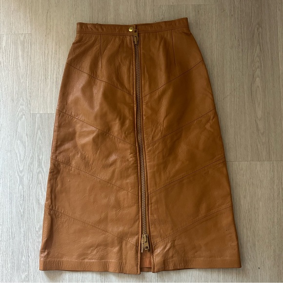 VTG Boho cognac camel 100% leather pencil skirt 70s high waisted vintage zipper - Picture 3 of 4